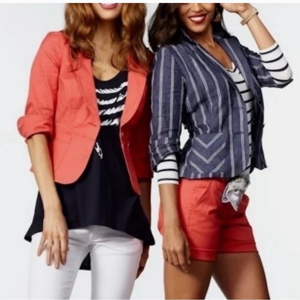 CAbi 100% Linen Nautical Striped Blue/White Two Button Blazer, Size 2,Style #871